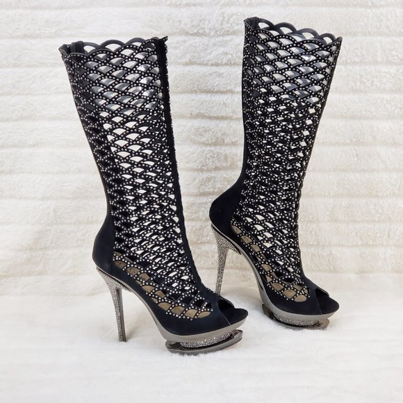 Fantasia Cutout Genuine Suede Rhinestone Boot 6" Heel Knee Boots - Picture 2 of 12